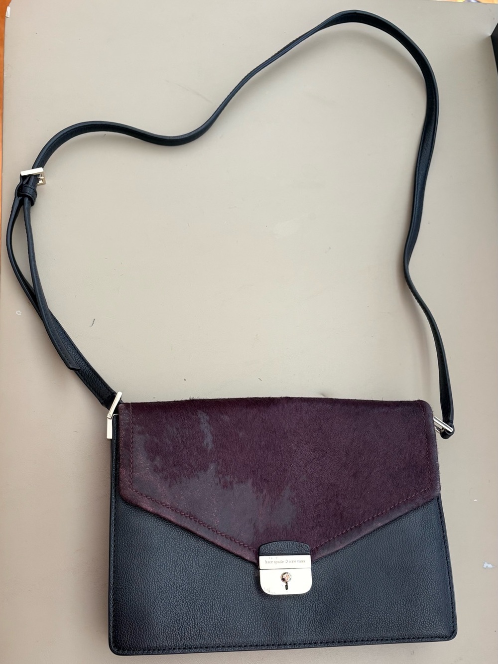 Kate Spade Hyde Place Sayra crossbody bag -deep plum aubergine calf hair flap.